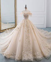 Champagne Off Shoulder Tulle Lace Long Wedding Dresses, Wedding Gown Prom Dresses